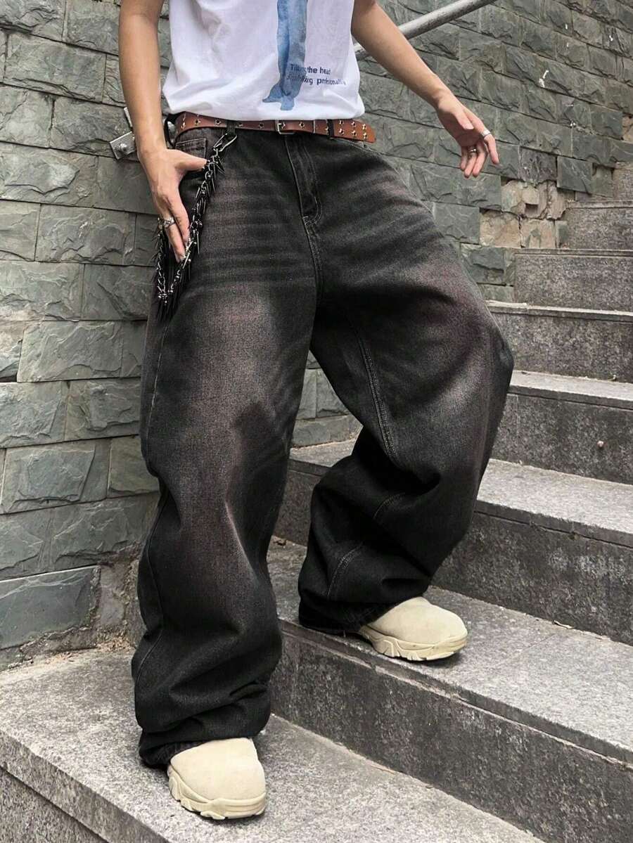 Impala Jeans Baggy para Hombre, Pantalón de Mezclilla de Ajuste Holgado, Diseño Desgastado Vintage, Pierna Ancha, Estilo Y2K Calle, Casual para Uso Diario, Moda Urbana Juvenil - Negro - Ver 1