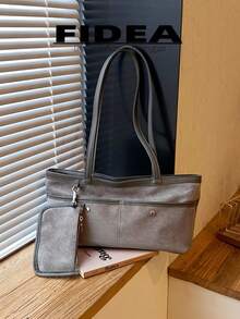 New Large Capacity Matte PU Shoulder Bag, Women's Minimalist Colorblock Handbag With Detachable Charm Pouch, Versatile For Work, Travel And Daily Use - Grey - View 7