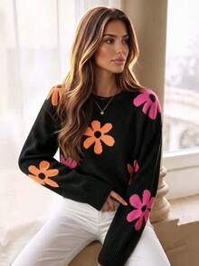 Women's Ditsy Floral Dropped Shoulder Long Sleeve Casual Loose Pullover Sweater, Suitable For Autumn/Winter Vacation Fall - Multicolor - View 2