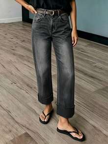 New Women's Fashion Washed Straight Leg Jeans - Dark Grey - View 4