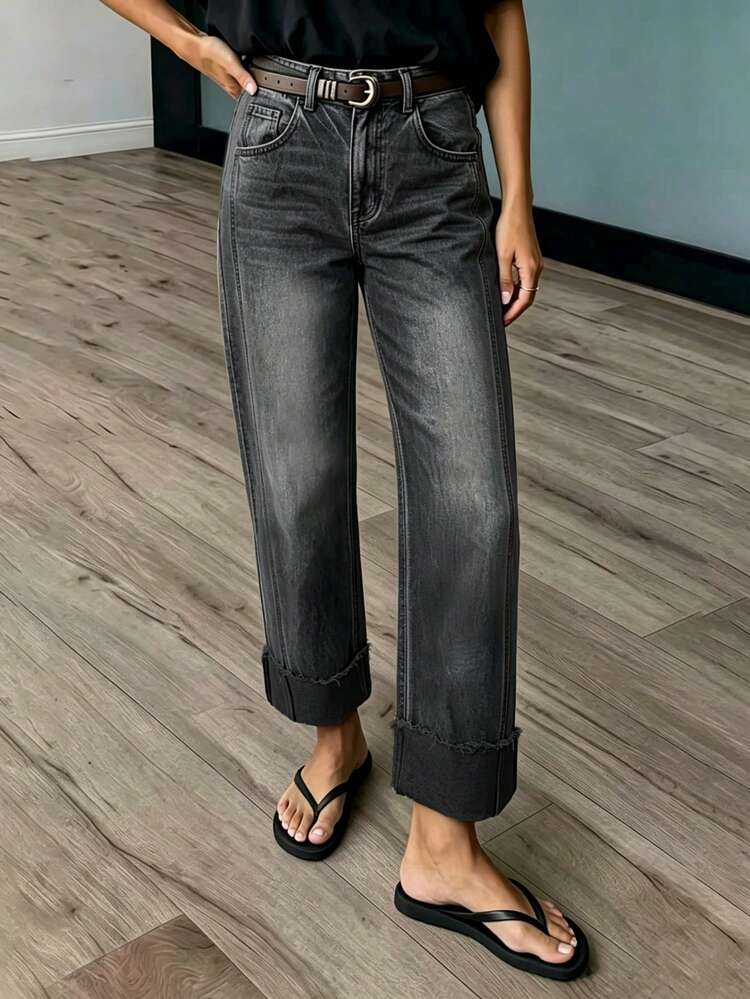New Women's Fashion Washed Straight Leg Jeans - Dark Grey - View 4