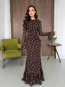 Women's Elegant Long Ruffle Hem Polka Dot Dress - Brown - View 4