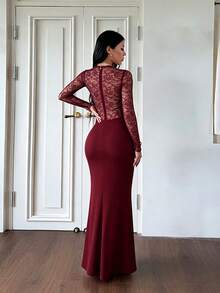 Autumn Solid Color Lace V-Neck Long Sleeve Dress Women's Elegant Dress Slit Evening Gown Party Date - Burgundy - View 7