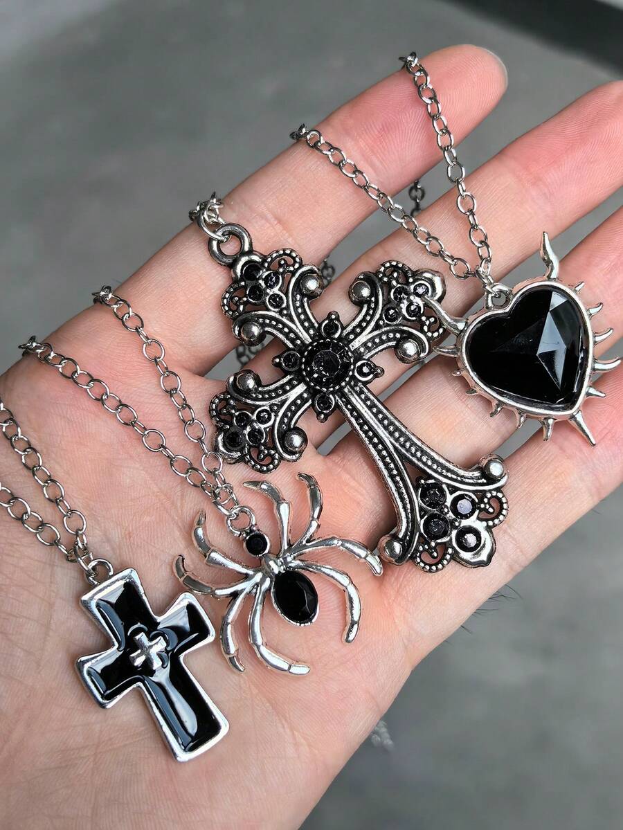4pcs Cool Gothic Style Alloy Oil Drop Cross Spider Heart Pendant Necklace Suitable For Women Street Party Wear - Multicolor - View 1