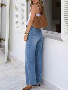 Jeans de pierna ancha azul lavado elástico y suelto para mujer, versátil para ir al trabajo y uso diario, casual para todas las estaciones primavera y otoño - Azul claro - Ver 4