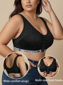 1pc Plus Size Front Closure Sexy Lace Patchwork Curve Wireless Comfortable Bra - Black - View 4