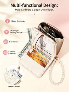 Floral PU Leather Short Wallet, Heart Buckle Card Holder With Pearl Shoulder Strap, Cute Coin Purse With Card Slots - Multicolor - View 7