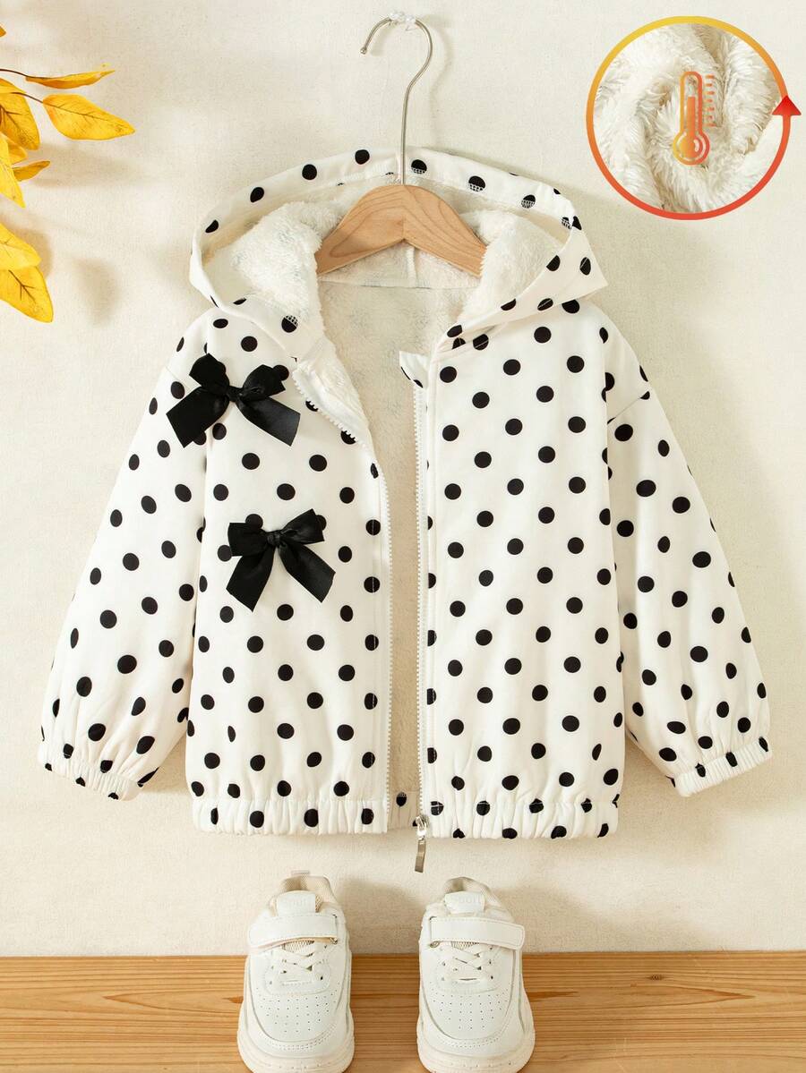 Jaket Tebal Berkerudung dengan Resleting dan Desain Pita 3D Motif Polkadot Kasual untuk Anak Perempuan, Musim Gugur/Dingin - Putih - View 1