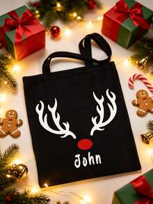Custom Name Reindeer Antlers Print Canvas Tote Bag, Personalized Christmas Rudolph Pattern Shoulder Bag, Gift For Christmas Lover - Multicolor - View 3