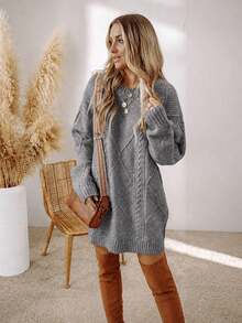 Acelitt Autumn/Winter Women's Solid Color Knitted Textured Pattern Dropped Shoulder Oversized Sweater Dress, Order One Size Down - Grey - View 2