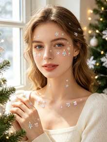 Holographic Snowflake Christmas Tree Bow Face Stickers With Tweezers, Suitable For Christmas Holiday Makeup, Party Looks, Portrait Photography Makeup, Facial Decoration Stickers - Multicolor - View 5