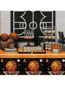 3 Pcs Basketball Theme Party Tablecloth, Disposable Plastic Basketball Birthday Table Cover, Rectangular 137 X 274 Cm, Basketball Theme Party Decorations, Dark - Basketball Theme - View 4