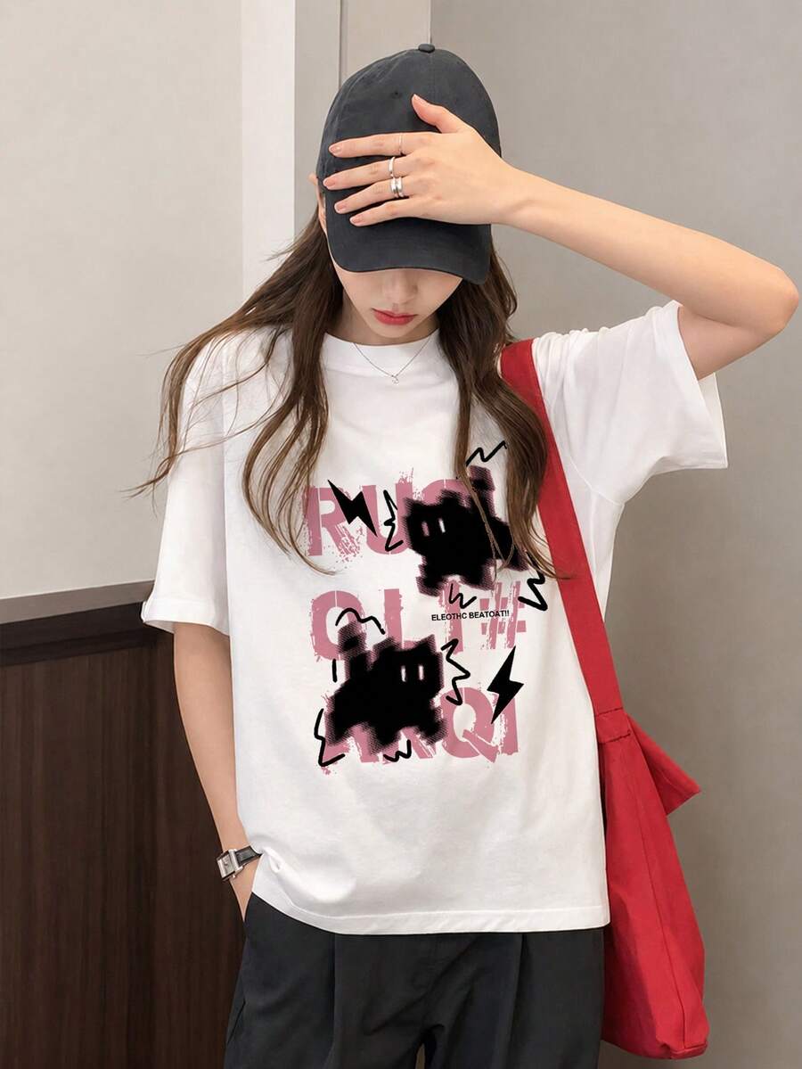 Japanese Style Women's Loose Casual Round Neck Letter & Cartoon Cat Print Short Sleeve T-Shirt, Versatile For Spring/Summer White - White - View 1