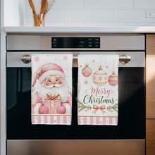 2PCS Kitchen Towels Christmas Pink Santa Claus Christmas Ball Print 40*60cm Minimalist Style Rectangular Microfiber Kitchen Towels, Dish Cloths, Tablecloths, Hand Towels, Bathroom Kitchen Decor, Christmas Home Decor, Neighbor Housewarming Gift, Perfect For Kitchen And Bathroom Use, Suitable For Housewives And Family Gatherings, High Cost-Performance, Household Essential - Pink - View 6