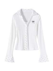 女款白色波點拼接 Polo 領修身短版長袖 T 恤上衣，秋季 - 白色 - 查看 6