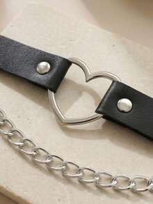 1pc Black Leather Heart Chain Geometric Harajuku Style Leg Chain Ankle Bracelet For Women - Black - View 2