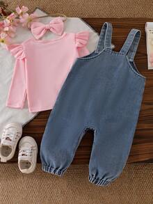 Baby Girl Soft & Cute 3-Piece Set, Pink Ribbed Ruffle Flutter Sleeve Long Sleeve Inner Top + Embroidered Bow Light Wash Denim Overall Pants + Pink Bow Headband, Sweet Spring/Autumn Outfit For Infants And Toddlers - Pink - View 5