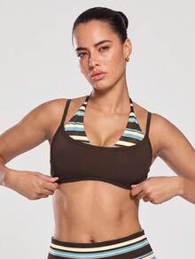 Sodalemon Women's 2 In 1 Striped Colorblock Yoga Sports Bra, Halter Neck Double Strap Padded Backless Gym Pilates Workout Top - Brown - View 5