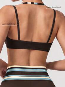 Sodalemon Women's 2 In 1 Striped Colorblock Yoga Sports Bra, Halter Neck Double Strap Padded Backless Gym Pilates Workout Top - Brown - View 2