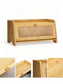 1pc Bamboo Flip‑Top Bread Storage Box, Natural Bamboo, Flip Lid With Clear Visible Window, Large Capacity, For Kitchen Countertop Bread Pastry Dust‑Proof Storage & Desktop Organization - Random Color - View 9