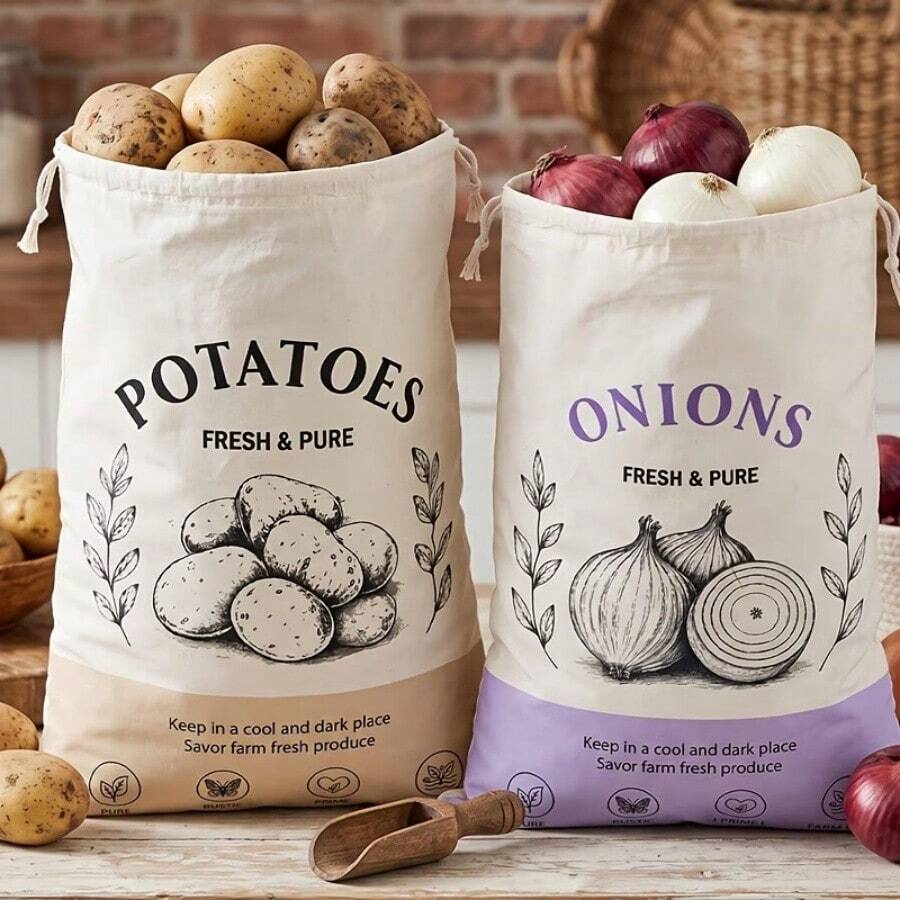 Large Drawstring Vegetable Gift Bags (2pcs), Vegetable & Fruit Storage Cloth Bags, Potato & Onion Storage Bags, Portable Reusable Household Storage Bags, Kitchen Vegetable & Fruit Sorting & Storage Supplies