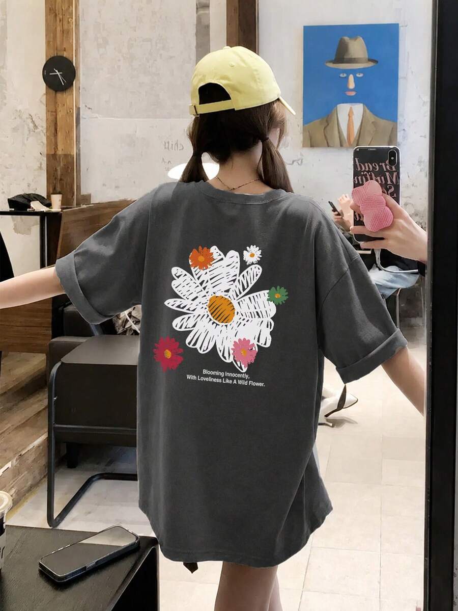 Kaos Wanita Longgar Leher Bulat Lengan Pendek Motif Huruf & Bunga, Kasual Musim Semi/Panas - Dark Grey - View 1