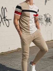 Men's Autumn/Winter Casual Versatile Colorblock Striped Short Sleeve & Long Pants Set - Multicolor - View 2