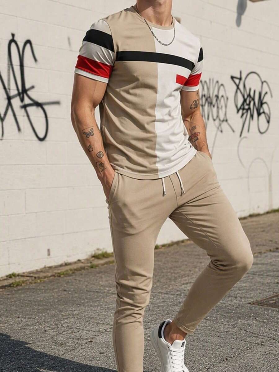 Men's Autumn/Winter Casual Versatile Colorblock Striped Short Sleeve & Long Pants Set - Multicolor - View 1