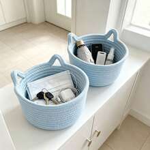 Cat Ear Design Hand-Woven Desktop Storage Basket, Modern Home Fabric Storage Basket, Suitable For Living Room, Bedroom, Desk, Bathroom, Bedside Table, Entryway, Cosmetics Storage, Bathroom Storage And Home Storage Box - Baby Blue - View 17
