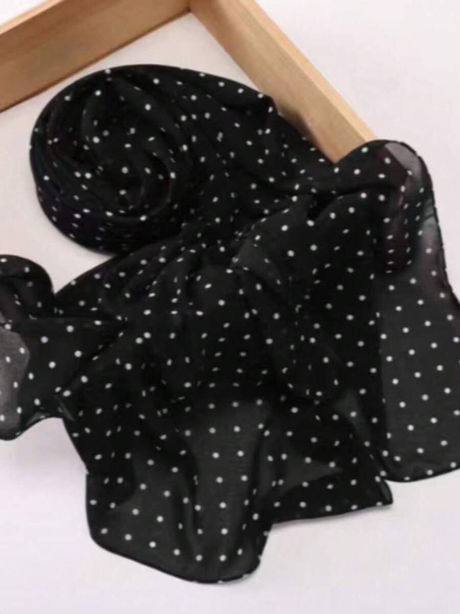 1pc Spring/Summer Casual Printed Versatile Elegant Hijab Scarf, Simple Soft Breathable Chiffon - #136 Black Polka Dots - View 1
