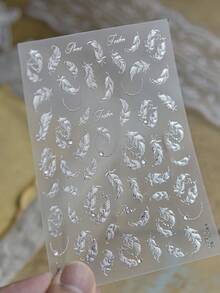Luxurious Metal Texture Feather Nail Stickers New Vintage Exquisite Crystal Diamond Nail Stickers Self Adhesive Transfer Sliders For Nails DIY Manicure Accessories - Silver - View 1