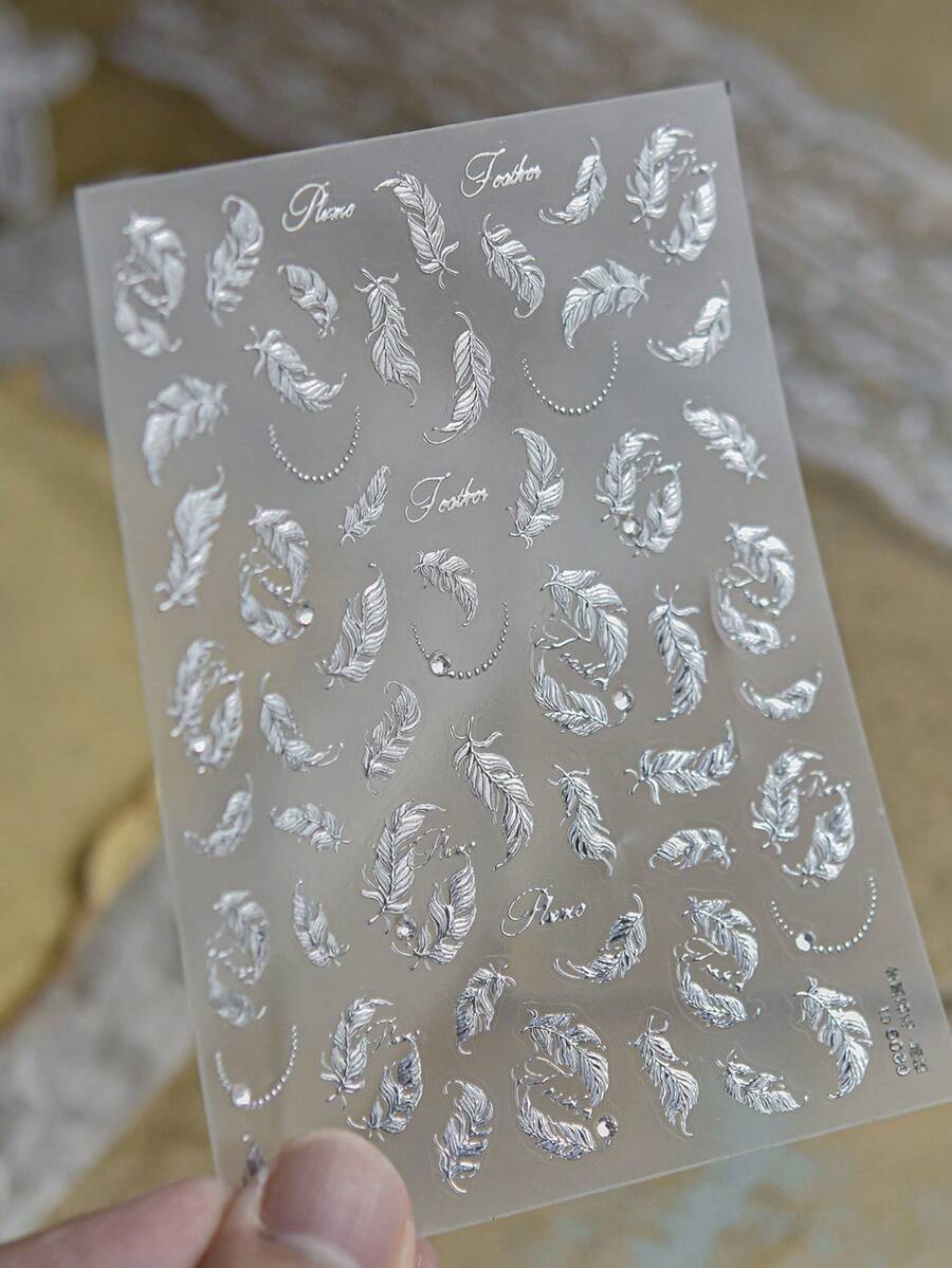 Luxurious Metal Texture Feather Nail Stickers New Vintage Exquisite Crystal Diamond Nail Stickers Self Adhesive Transfer Sliders For Nails DIY Manicure Accessories - Silver - View 1