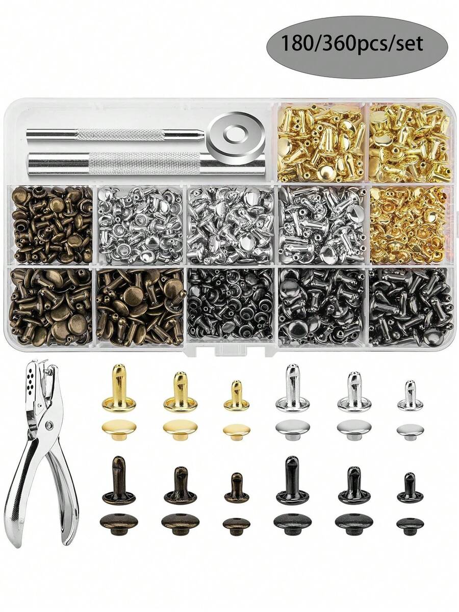 360/180 Sets Leather Rivets, Leather Rivet Kit, 4 Colors 3 Sizes Leather Rivets And Snaps For Leather Crafts, Clothing, Shoes, Leather Boots, Bags, Decoration (Gold, Silver, Bronze And Gunmetal) - Multicolor - View 1