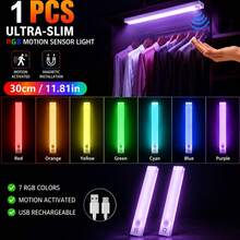 1pc RGB Motion Sensor LED Light Strip, Magnetic Rechargeable Under Cabinet Light, Wireless Adhesive Dimmable Night Light, USB Charging, Suitable For RV Interior Lighting, Camping Car, Trailer, Motorhome, Van, Closet, Kitchen, Shelf - RGB - View 3