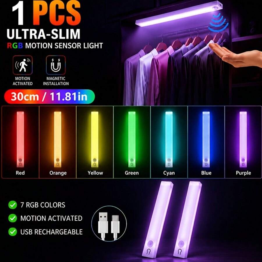 1pc RGB Motion Sensor LED Light Strip, Magnetic Rechargeable Under Cabinet Light, Wireless Adhesive Dimmable Night Light, USB Charging, Suitable For RV Interior Lighting, Camping Car, Trailer, Motorhome, Van, Closet, Kitchen, Shelf