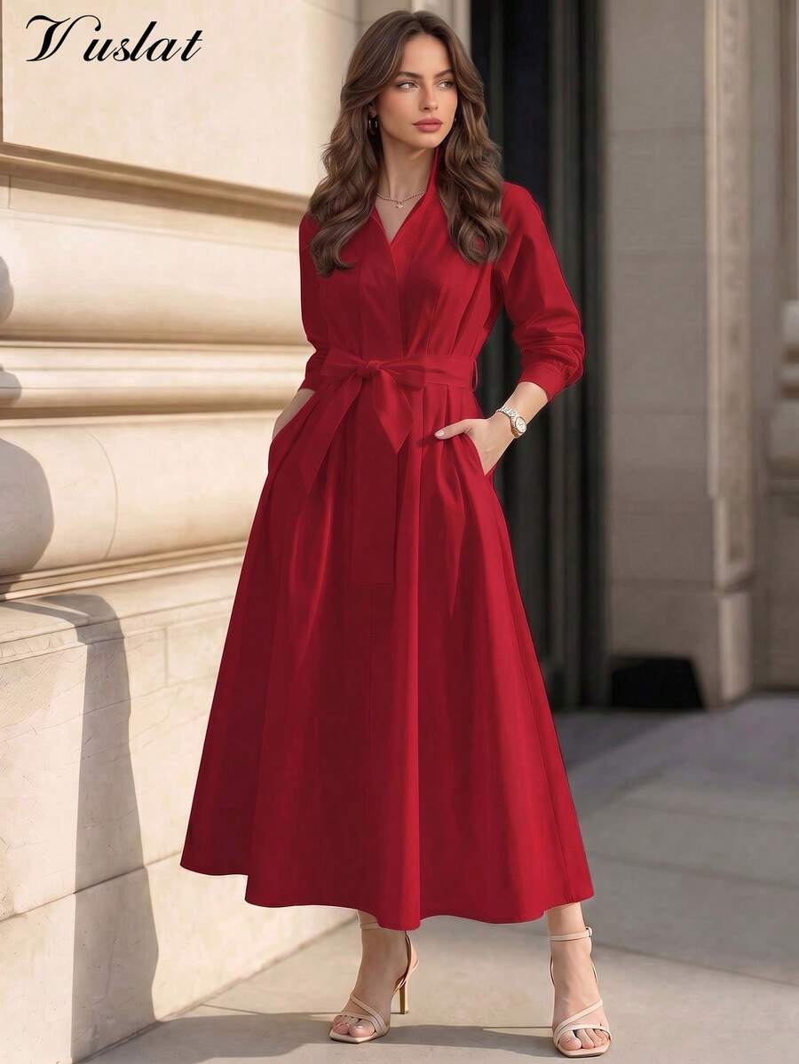 Vuslat Women's Autumn Solid Color Small Stand Collar Tie Waist Pocket Long Sleeve Shirt Dress, Suitable For Daily Outings, Back To School Season, Holidays - Red - View 1