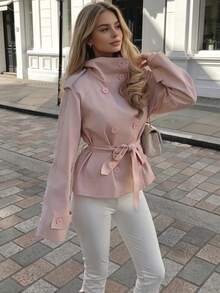 Autumn/Winter Pink Women's Tie-Front Button-Up Stand Collar Long Sleeve Mid-Length Trench Coat, Suitable For Dating And Commuting - Pink - View 2