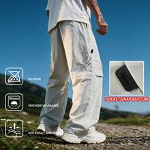Men's Solid Color Flap Pocket Drawstring Elastic Waist Wide Leg Cargo Pants, Loose Straight Leg Casual Streetwear Trousers - Light Grey - View 2