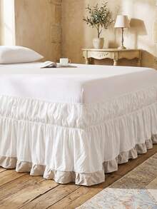 1pc Solid White With Grey-Brown Ruffle Hem Bed Skirt, Simple Daily Cute Classic Style, Comfortable Breathable Polyester Fiber, Suitable For All Seasons, Applicable For Bedroom Scenes, Home Decor Lace Bed Skirt - White - View 8