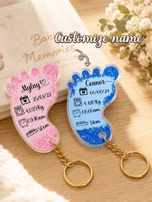 1pc Personalized Footprint Data Acrylic Keychain, Customized Name, Date, Weight, Time And Height Memorial Key Ring, Precious Gift For Parents And Family - Multicolor - View 2