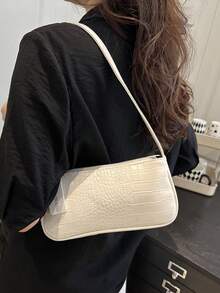 1pc New Fashion Versatile Textured Shoulder Bag Underarm Bag, Suitable For Dating, Outing, Party And Other Occasions, Fashionable Women's Solid Color Wallet. Crocodile Pattern Position Random - White - View 5