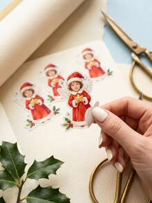 12/24/48pcs Personalized Custom Photo Christmas Angel Stickers, Custom Portrait Image Printed Waterproof Stickers, Angel Santa Claus Costume With Star And Holly Berry Design, Family Christmas Gift Wrapping Accessories, Gift Box Envelope Holiday Party Decoration - Multicolor - View 4