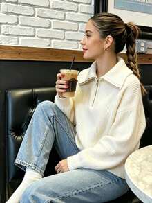 Comfortable Women's Long Sleeve Knit Sweater, Half-Zip Pullover Detail, Essential For Autumn/Winter Warmth - White - View 4