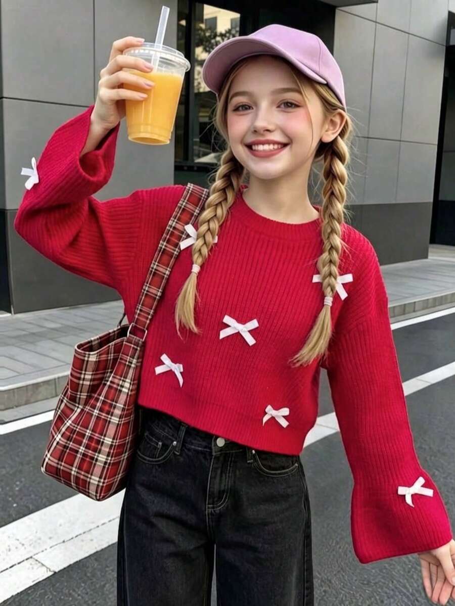 Sweater Rajut Pendek Lengan Lonceng Elegan dengan Pita untuk Anak Perempuan, Cocok untuk Pemakaian Sehari-hari, Liburan, Musim Semi, Musim Gugur, Musim Dingin - Merah - View 1
