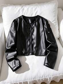 Galaxy Graffiti 8-12 Years Old Girls Jacket, Wavy Trim Placket + Pearl Embellished Puff Sleeves, Sweet & Cool Elegant Style Suitable For Birthday Parties, Performances And Holiday Outings - Black - View 1