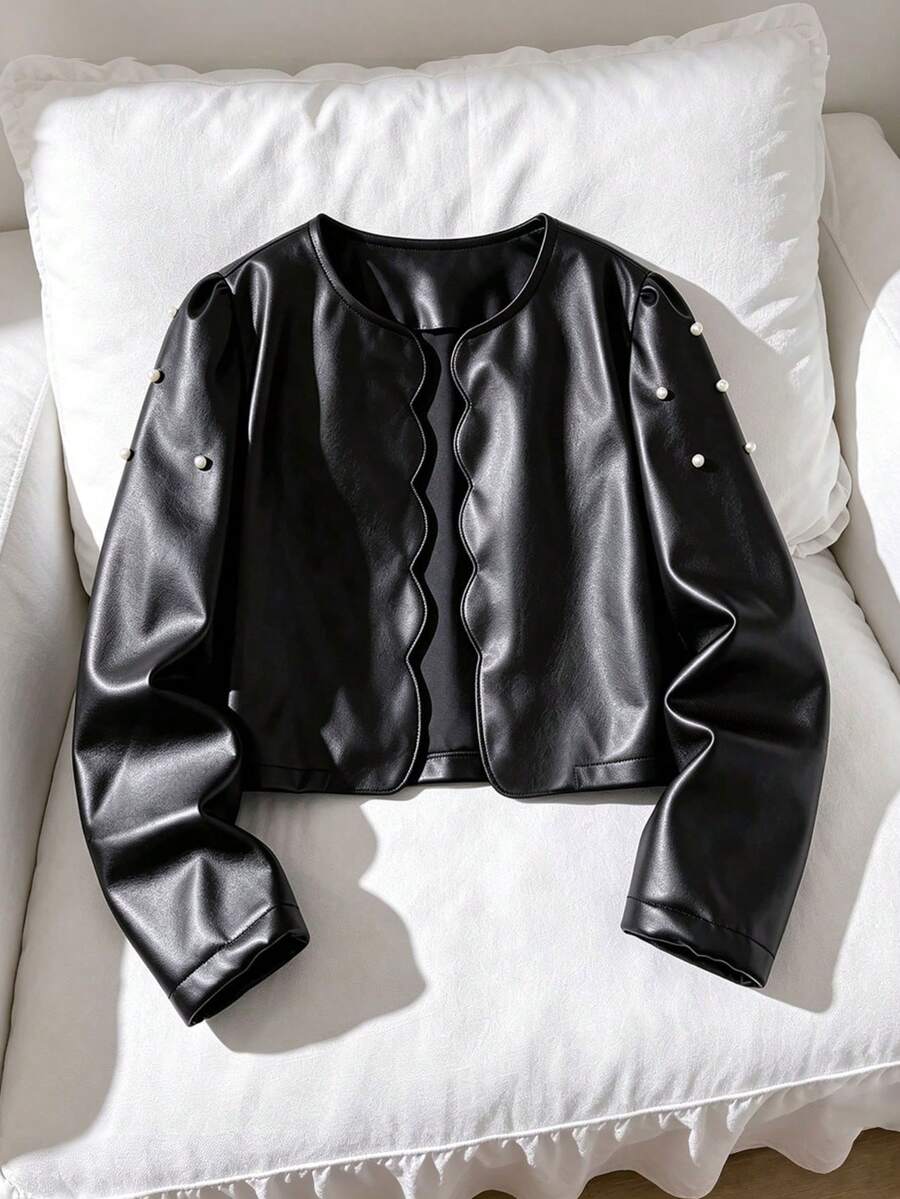 Galaxy Graffiti 8-12 Years Old Girls Jacket, Wavy Trim Placket + Pearl Embellished Puff Sleeves, Sweet & Cool Elegant Style Suitable For Birthday Parties, Performances And Holiday Outings - Black - View 1