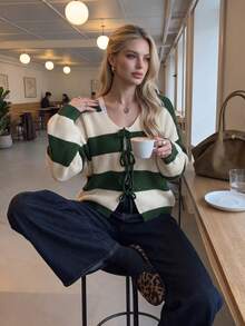 Women Autumn Striped Knit Cardigan V Neck Tie Front Long Sleeve Fall Outfits For Women Casual Tops - Multicolor - View 1