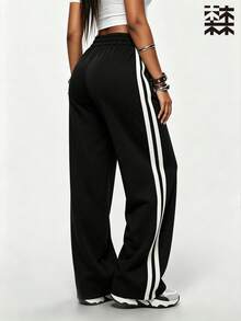 mulinsen Women's Straight Leg Ice Silk Quick Dry Striped Colorblock Sweatpants - Deep Space Black - View 8