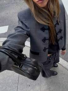 Women's Military Style Long Sleeve Short Jacket, Black Stand Collar Polyester Jacket With Woven Details, Suitable For Autumn/Winter Wear Fall - Dark Grey - View 2