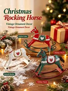 Vintage American Style Tin Rocking Horse Pendant, Red White Green Printed With Bell, Christmas Tree Holiday Decoration Hanging Ornament, Soft Home Decor - Multicolor - View 4